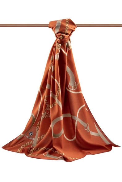 LÜKS MEDİNE İPEĞİ ZİNCİRLİ KEMER DESENLİ TABA RENKLİ 75X195 KIRIŞMAZ ŞAL MOSS KREP DİKİŞ TİPİ İTALYAN DİKİŞLİ - Resim 2