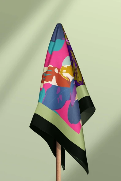 A61 Kadın Turkuaz Mavi Çiçekli Desenli 50x50 Bandana HYL DG01269-22 - Resim 6