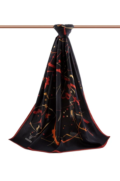 LÜKS MEDİNE İPEĞİ BOYA DAMLASI DESENLİ SİYAH - BORDO RENKLİ 75X195 KIRIŞMAZ ŞAL MOSS KREP DİKİŞ TİPİ İTALYAN DİKİŞLİ - Resim 2