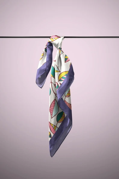 Y49 Kadın Yaprak Desenli Bandana 50x50 Turuncu Beyaz Yeşil DG0452-22 - Resim 6