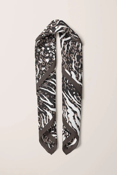 Z21 Kadın Yaprak Desenli Bandana 50x50 Kahverengi Beyaz - DG0267 - Resim 6