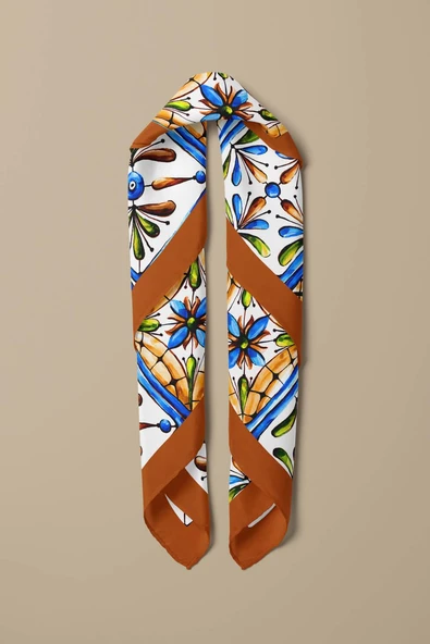 E29 Kadın Kareli Desenli Bandana 50x50 Mavi Sarı DG0338-22 - Resim 3