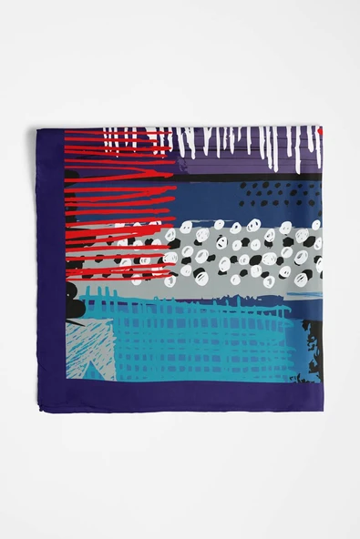 Y18 Kadın Egzotik Desenli Bandana 50x50 Mavi DG0402-22 - Resim 5