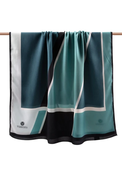 LÜKS MEDİNE İPEĞİ GEOMETRIK DESENLİ PETROL YEŞİLİ RENKLİ 75X195 KIRIŞMAZ ŞAL MOSS KREP DİKİŞ TİPİ İTALYAN DİKİŞLİ - Resim 2