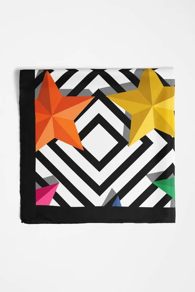 Y68 Kadın Yıldız Desenli Bandana 50x50 Sarı Yeşil DG0343-22 - Resim 5