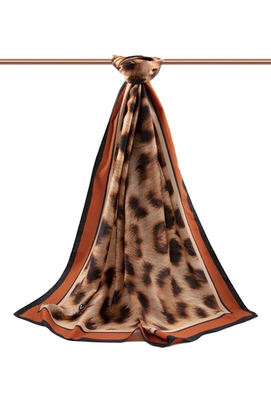 LÜKS MEDİNE İPEĞİ LEOPAR DESENLİ TABA RENKLİ 75X195 KIRIŞMAZ ŞAL MOSS KREP DİKİŞ TİPİ İTALYAN DİKİŞLİ - Resim 2