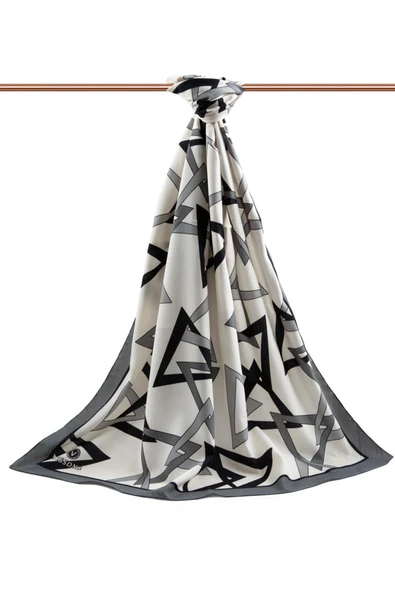 LÜKS MEDİNE İPEĞİ GEOMETRİK DESENLİ GRİ RENKLİ 75X195 KIRIŞMAZ ŞAL MOSS KREP DİKİŞ TİPİ İTALYAN DİKİŞLİ - Resim 2