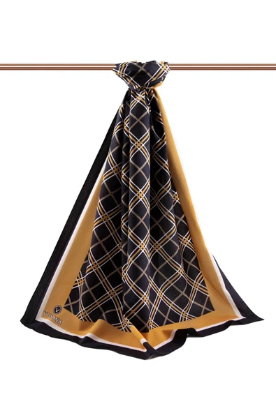 LÜKS MEDİNE İPEĞİ EKOSE DESENLİ SİYAH - GOLD RENKLİ 75X195 KIRIŞMAZ ŞAL MOSS KREP DİKİŞ TİPİ İTALYAN DİKİŞLİ - Resim 2