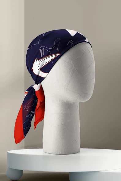 D45 Kadın Kuş Desenli Bandana 50x50 Beyaz Mavi DG0280-22 - Resim 4