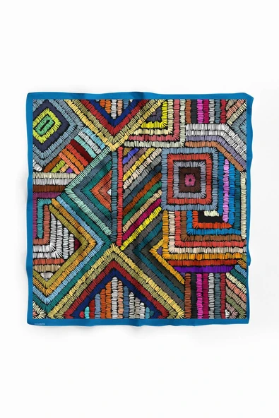 D69 Kadın Geometrik Desenli Bandana 50x50 Mavi Yeşil DG0412-22 - Resim 2