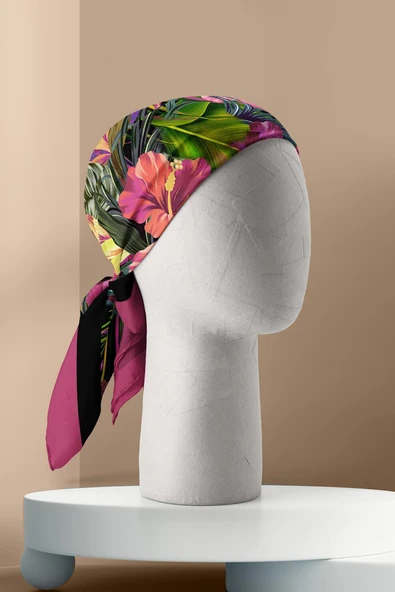 G39 Kadın Yeşil Pembe Çiçek Desenli 50x50 Bandana - Resim 3