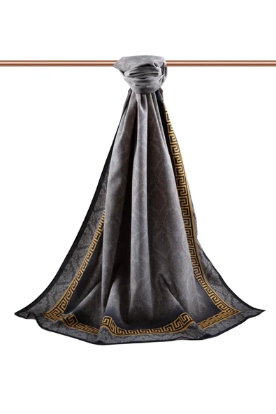 LÜKS MEDİNE İPEĞİ GOLD DETAYLI BAROK DESENLİ GRİ RENKLİ 75X195 KIRIŞMAZ ŞAL MOSS KREP DİKİŞ TİPİ İTALYAN DİKİŞLİ - Resim 2