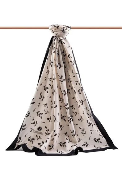 LÜKS MEDİNE YAPRAK DESENLİ KREM RENKLİ 75X195 KIRIŞMAZ ŞAL MOSS KREP DİKİŞ TİPİ İTALYAN DİKİŞLİ - Resim 2