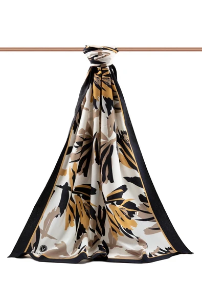 LÜKS MEDİNE İPEĞİ YAPRAK DESENLİ SİYAH RENKLİ 75X195 KIRIŞMAZ ŞAL MOSS KREP DİKİŞ TİPİ İTALYAN DİKİŞLİ - Resim 2