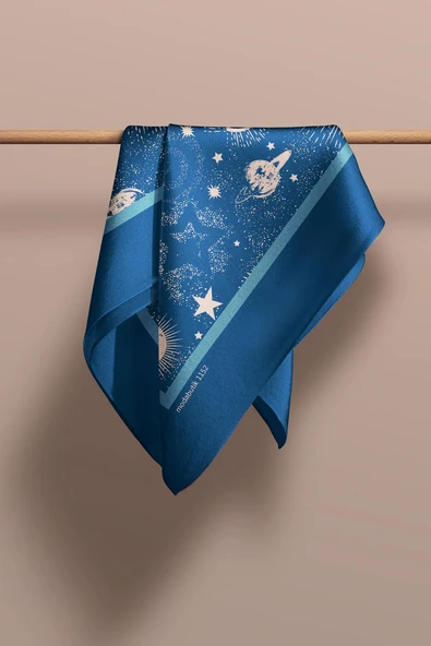 F37 Kadın Lacivert Beyaz Moon Desenli Bandana DG1152 - Resim 6