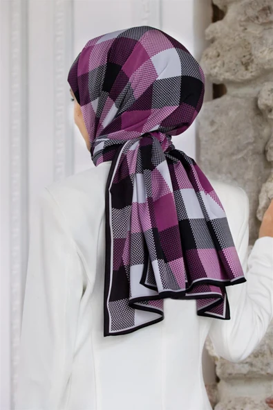 LÜKS MEDİNE İPEĞİ KARE DESENLİ MÜRDÜM - SİYAH RENKLİ 75X195 KIRIŞMAZ ŞAL MOSS KREP DİKİŞ TİPİ İTALYAN DİKİŞLİ ürün görseli