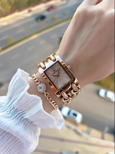 Daniel Klein Çelik Zincir Tasarım Kordonlu 30 Mt Suya Dayanıklı Kadın Kol Saati+Bileklik B.10036.S6 - Resim 3