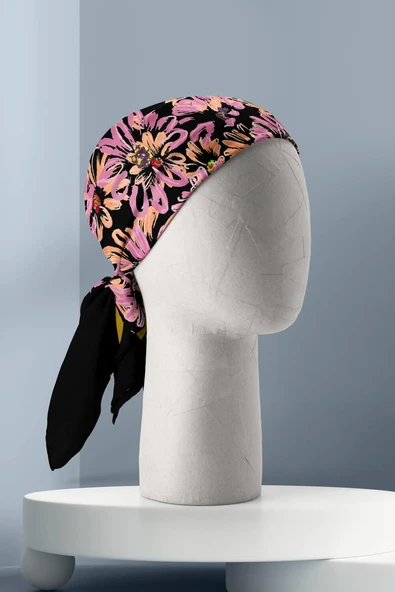 D12 Kadın Pembe Çiçek Desenli 50x50 Bandana - Resim 4