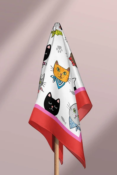 A59 Kadın Kedi Desenli Bandana 50x50 Kırmızı DG0191-22 Snz - Resim 6
