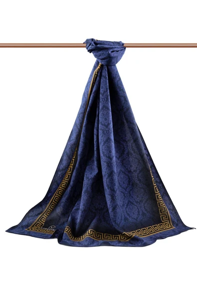 LÜKS MEDİNE İPEĞİ GOLD DETAYLI BAROK DESENLİ LACİVERT RENKLİ 75X195 KIRIŞMAZ ŞAL MOSS KREP DİKİŞ TİPİ İTALYAN DİKİŞLİ - Resim 2