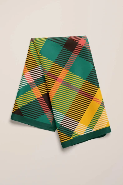 D80 Kadın Ekose Desenli Bandana 50x50 Yeşil Sarı DG0200-22 - Resim 5