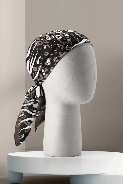 Z21 Kadın Yaprak Desenli Bandana 50x50 Kahverengi Beyaz - DG0267 - Resim 5