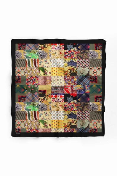 D99 Kadın Patchwork Desenli Bandana 50x50 Yeşil Sarı DG0259-22 - Resim 2