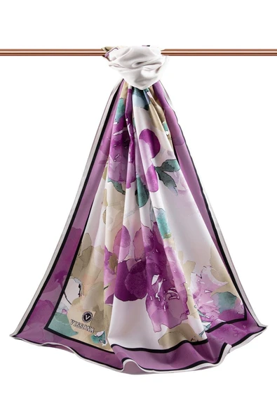 LÜKS MEDİNE İPEĞİ ÇİÇEK DESENLİ KREM - MÜRDÜM RENKLİ 75X195 KIRIŞMAZ ŞAL MOSS KREP DİKİŞ TİPİ İTALYAN DİKİŞLİ - Resim 2