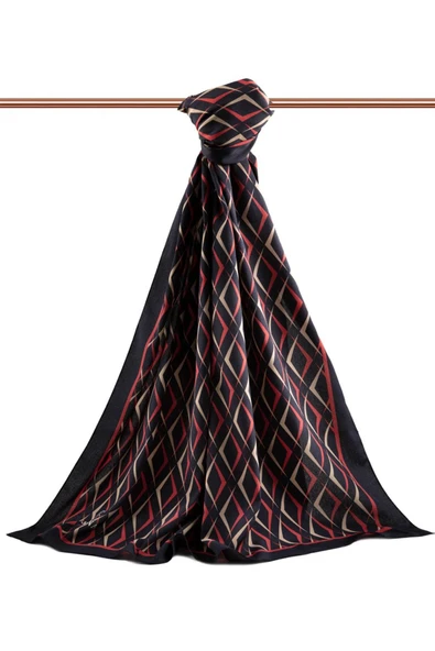 LÜKS MEDİNE İPEĞİ GEOMETRİK DESENLİ SİYAH - BORDO RENKLİ 75X195 KIRIŞMAZ ŞAL MOSS KREP DİKİŞ TİPİ İTALYAN DİKİŞLİ - Resim 2