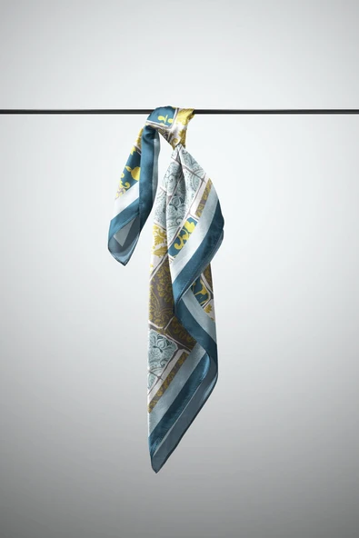 D55 Kadın Hardal Açık Mavi Field Desenli 50x50 Bandana - Resim 6