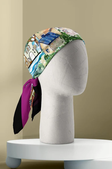 D61 Kadın Mor Açık Mavi Casa Desenli 50x50 Bandana HYL DG01150-22 - Resim 5