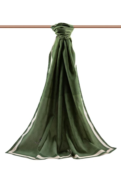 LÜKS MEDİNE İPEĞİ MONOGRAM DESENLİ HAKİ RENKLİ 75X195 KIRIŞMAZ ŞAL MOSS KREP DİKİŞ TİPİ İTALYAN DİKİŞLİ - Resim 2