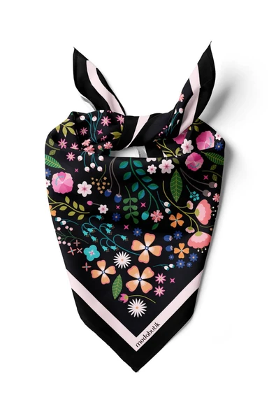 Kadın Siyah Pembe Çiçek Desenli 50x50 Bandana HYL DG01696-22 ürün görseli