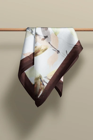 B108 Kadın Yaprak Desenli Bandana 50x50 Yeşil Kahverengi DG0443-22 Snz - Resim 3