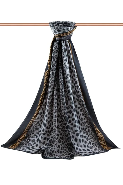 LÜKS MEDİNE BAROK BARDÜRLÜ LEOPAR DESENLİ SİYAH - GRİ RENKLİ 75X195 KIRIŞMAZ ŞAL MOSS KREP DİKİŞ TİPİ İTALYAN DİKİŞLİ - Resim 2