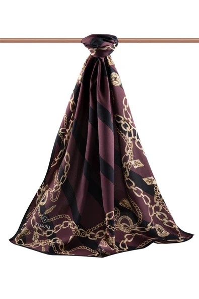 LÜKS MEDİNE İPEĞİ ÇİZGİLİ VE ZİNCİR DESENLİ BORDO - SİYAH RENKLİ 75X195 KIRIŞMAZ ŞAL MOSS KREP DİKİŞ TİPİ İTALYAN DİKİŞLİ - Resim 2