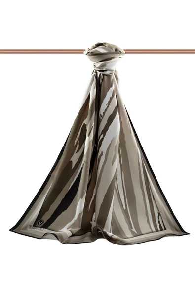 LÜKS MEDİNE İPEĞİ GEOMETRİK DESENLİ TAŞ RENKLİ 75X195 KIRIŞMAZ ŞAL MOSS KREP DİKİŞ TİPİ İTALYAN DİKİŞLİ - Resim 2