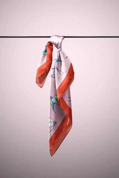 B45 Kadın Kuş Desenli Bandana 50x50 Pembe DG0410-22 - Resim 5