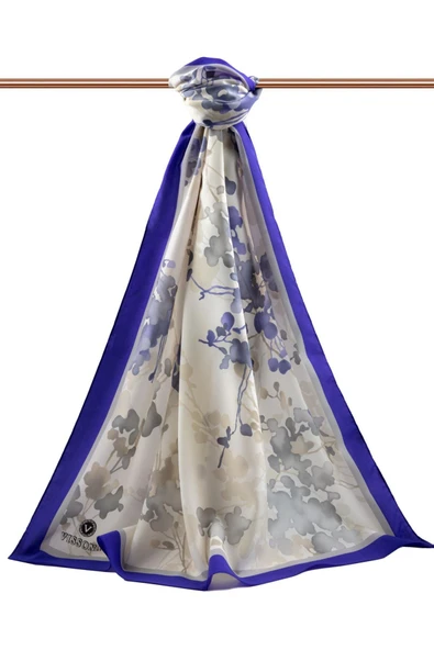 LÜKS MEDİNE İPEĞİ ÇİÇEK DESENLİ SAKS RENKLİ 75X195 KIRIŞMAZ ŞAL MOSS KREP DİKİŞ TİPİ İTALYAN DİKİŞLİ - Resim 2