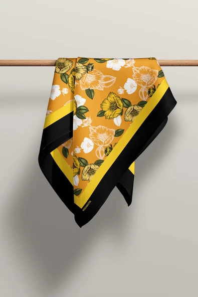 C98 Kadın Kavuniçi Sarı Sevda Desenli 50x50 Bandana HYL DG0993-22 - Resim 4