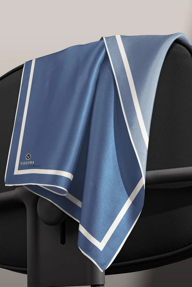 100% Twill İpek Düz Renk Bordür Desenli İndigo - Krem Renkli Daha Tok Exclusive Serisi 90x90 Dikim Şekli : El Dikişi Eşarp - Resim 5