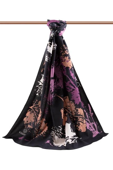 LÜKS MEDİNE İPEĞİ SONBAHAR YAPRAKLARI DESENLİ MÜRDÜM RENKLİ 75X195 KIRIŞMAZ ŞAL MOSS KREP DİKİŞ TİPİ İTALYAN DİKİŞLİ - Resim 2