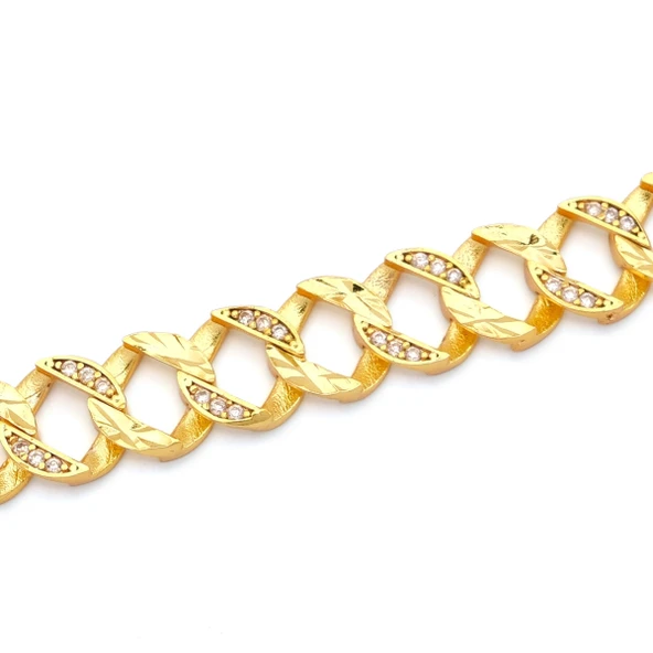 Altın Kaplama İmitasyon Zirkon Taşlı Desenli Yarım Altınlı Zincir Bileklik BLK-1205 - Resim 3