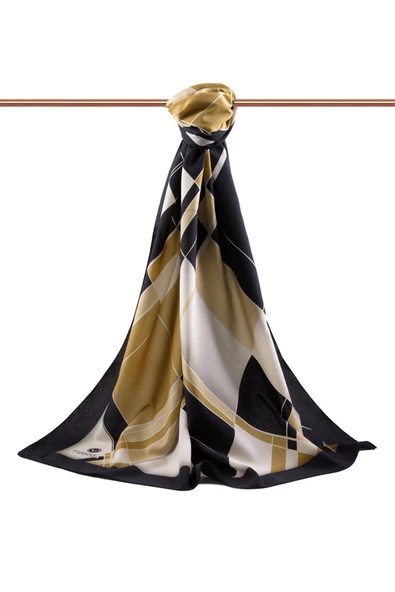 LÜKS MEDİNE İPEĞİ GEOMETRİK DESENLİ HARDAL RENKLİ 75X195 KIRIŞMAZ ŞAL MOSS KREP DİKİŞ TİPİ İTALYAN DİKİŞLİ - Resim 2