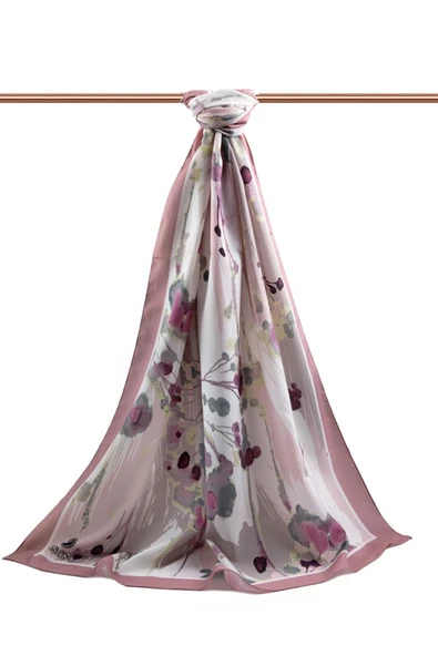 LÜKS MEDİNE İPEĞİ BAHAR DALI DESENLİ PUDRA RENKLİ 75X195 KIRIŞMAZ ŞAL MOSS KREP DİKİŞ TİPİ  İTALYAN DİKİŞLİ - Resim 2