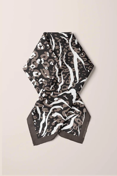 Z21 Kadın Yaprak Desenli Bandana 50x50 Kahverengi Beyaz - DG0267 - Resim 3
