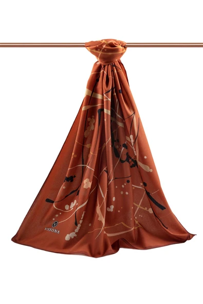 LÜKS MEDİNE İPEĞİ BOYA DAMLASI DESENLİ TABA RENKLİ 75X195 KIRIŞMAZ ŞAL MOSS KREP DİKİŞ TİPİ İTALYAN DİKİŞLİ - Resim 2