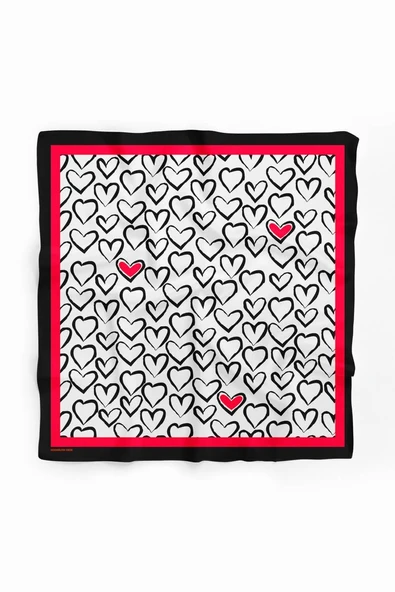 B57 Kadın Kırmızı Beyaz Sİyah Heart Desenli 50x50 Bandana - Resim 2