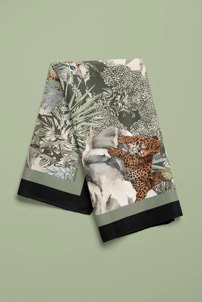 H35 Kadın Su Yeşili Krem Amazon Desenli Bandana HYL DG01124-22 - Resim 4