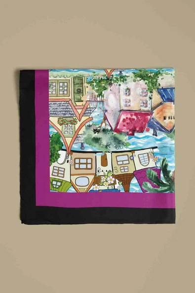D61 Kadın Mor Açık Mavi Casa Desenli 50x50 Bandana HYL DG01150-22 - Resim 4